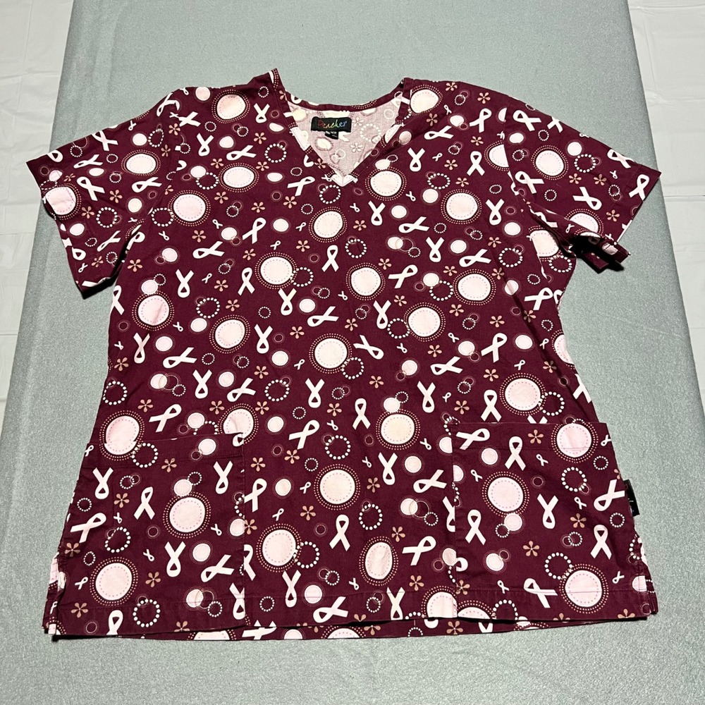 Peaches Womens Burgundy Pink Ribbon Awareness Scrub Top V-Neck Cotton Medium